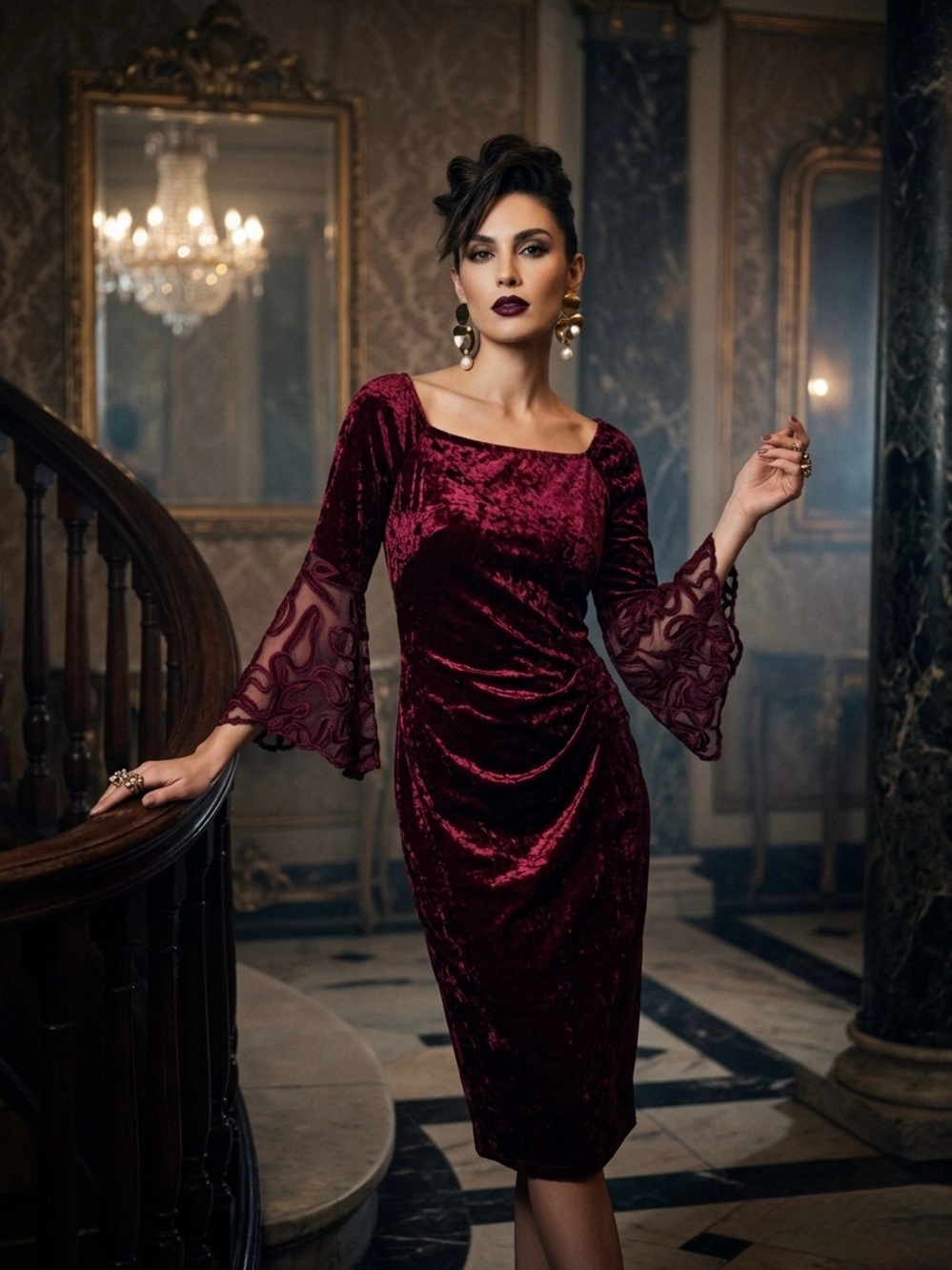 Cachet Burgundy Crushed Velvet Ruched Bell Sleeve Cocktail Dress Size 6